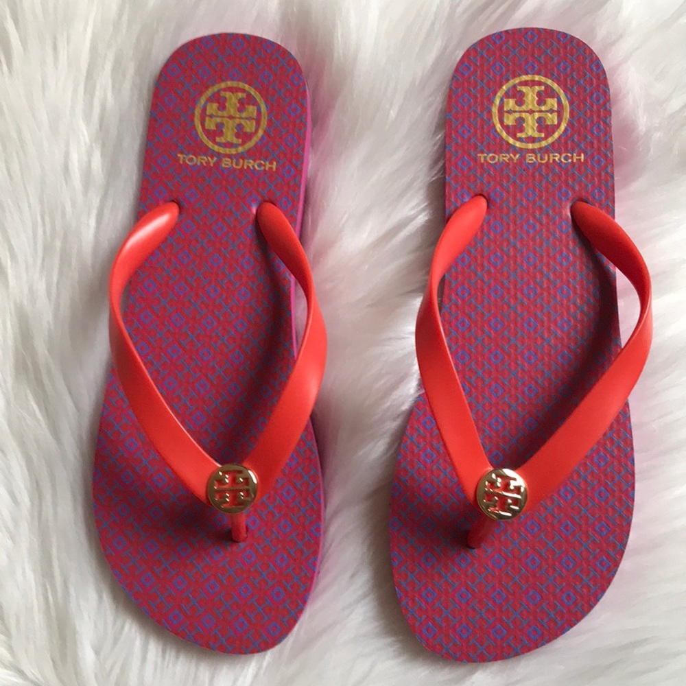 TORY BURCH Orange & Blue Flip Flops SZ 9